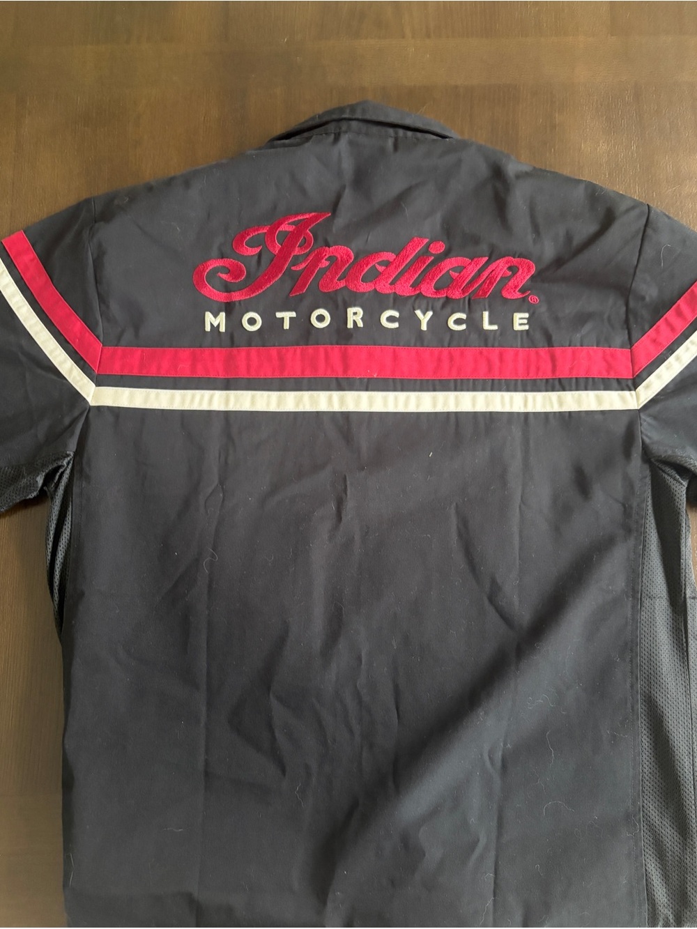 Indian Motorcycle Men’s Black Button-Down Shirt with Red & White Stripes